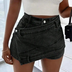 Belen - Irregular Wrap Mini Denim Shorts