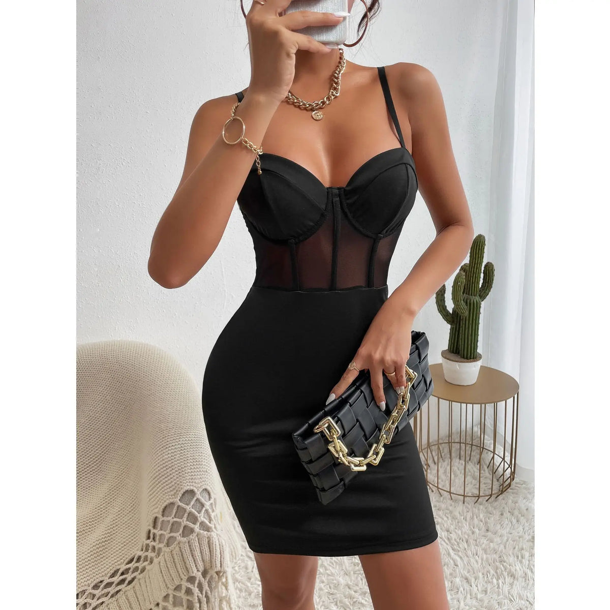 Blaire - Black Sheer Mesh Bodice Bodycon Dress