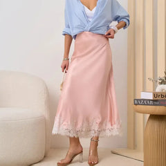 Solara - Satin Maxi Skirt with Lace Hem
