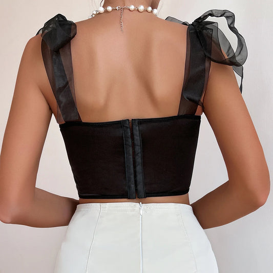 Adhara - Black Mesh Corset Crop Top