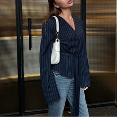 Janelle - Pinstripe Tie-Neck Blazer Top