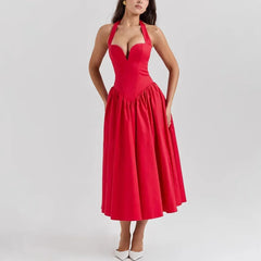 Giovanna - Red Fit and Flare Long Halter Dress