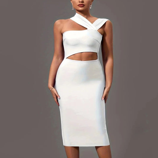 bandage bodycon cut out dress A&A Noemi Cut Out Bodycon Bandage Midi Slit Dress, Yellow / XS