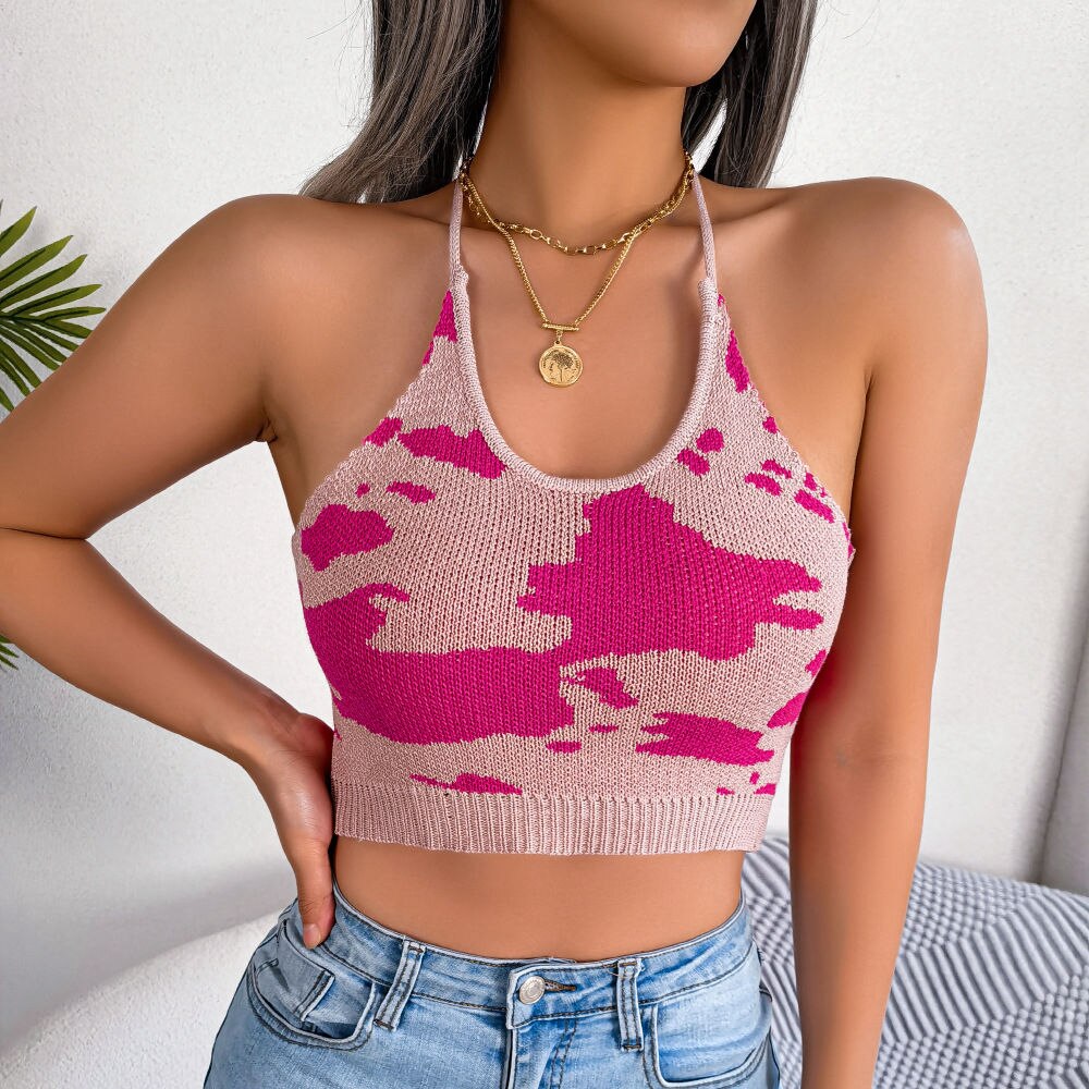 Bonnie - Pink Cow Print Knitted Crop Top
