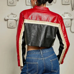 Brisa - Black & Red Color Block Studded Biker Jacket