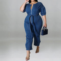 Calyssia – Plus Size Denim Belted Jumpsuit