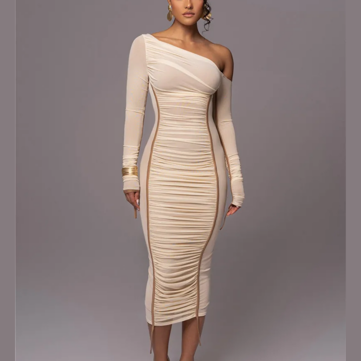 Gianna - White One Shoulder Mesh Ruched Bodycon Dress