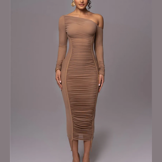 Gianna - Brown One Shoulder Mesh Ruched Bodycon Dress