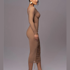 Gianna - Brown One Shoulder Mesh Ruched Bodycon Dress