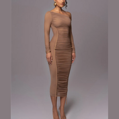 Gianna - Brown One Shoulder Mesh Ruched Bodycon Dress