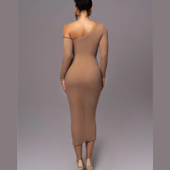 Gianna - Brown One Shoulder Mesh Ruched Bodycon Dress