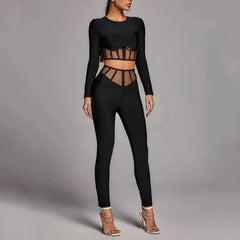 Pippa - Black Bandage Two Piece Crop Top & Pant Set