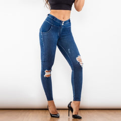 Blue Washed Ripped Butt Lift Jeggings