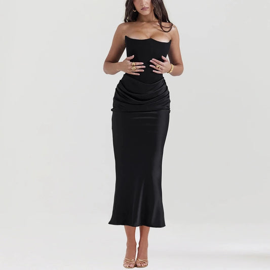 Viviana - Black Strapless Velvet Corset & Satin Bodycon Dress - Model Mannequin