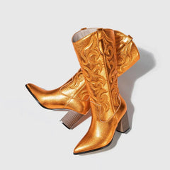 Nissa - Metallic Embroidered Cowboy Boots