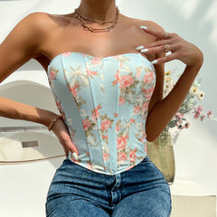 Liza - Floral Printed Strapless Fishbone Corset Top