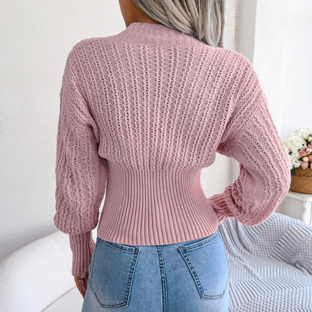 Winona - Pink Knitted V Neck Sweater Top
