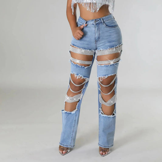 Zyphira – Rhinestone Distressed High Waist Jeans