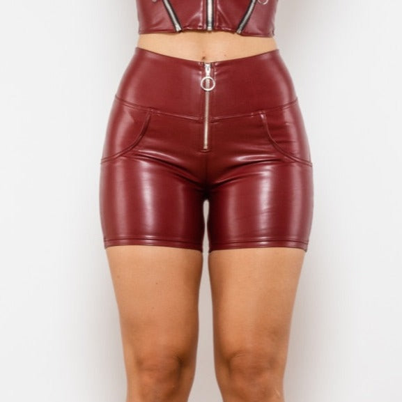Cheeky Burgundy High Waist Faux Leather Butt Lift Shorts