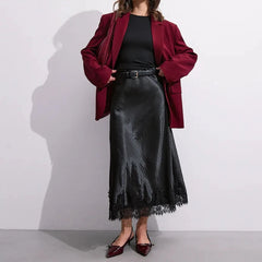 Solara - Satin Maxi Skirt with Lace Hem