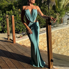 Solenne – Plunge Draped Open Back Maxi Dress