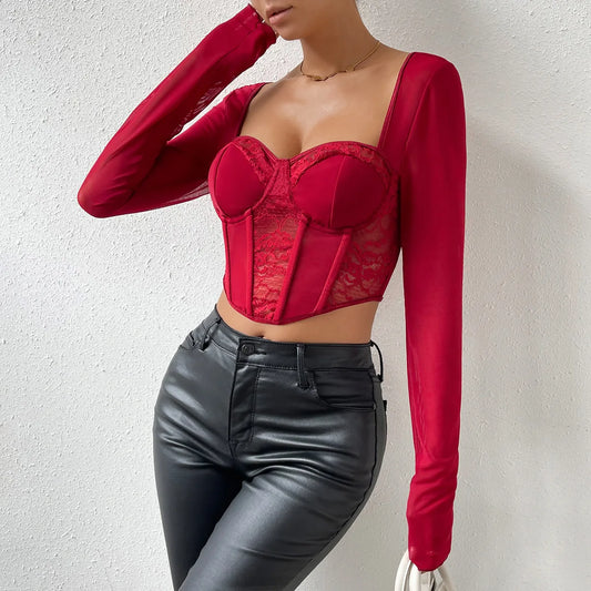 Ginevra - Red Sheer Mesh & Lace Crop Top