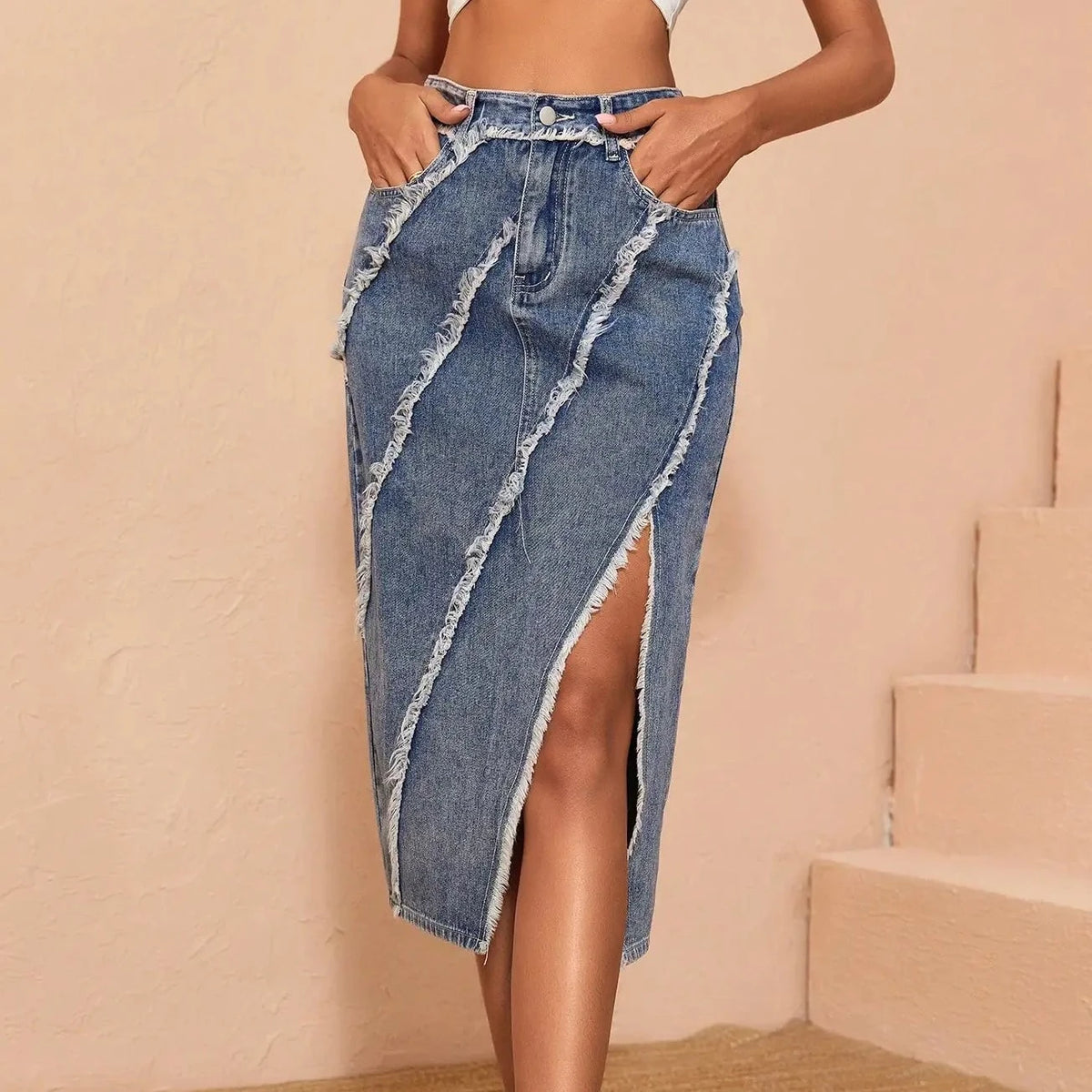 Serenity - Blue Raw Edge Midi Denim Skirt