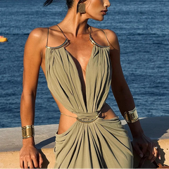 Solenne – Plunge Draped Open Back Maxi Dress
