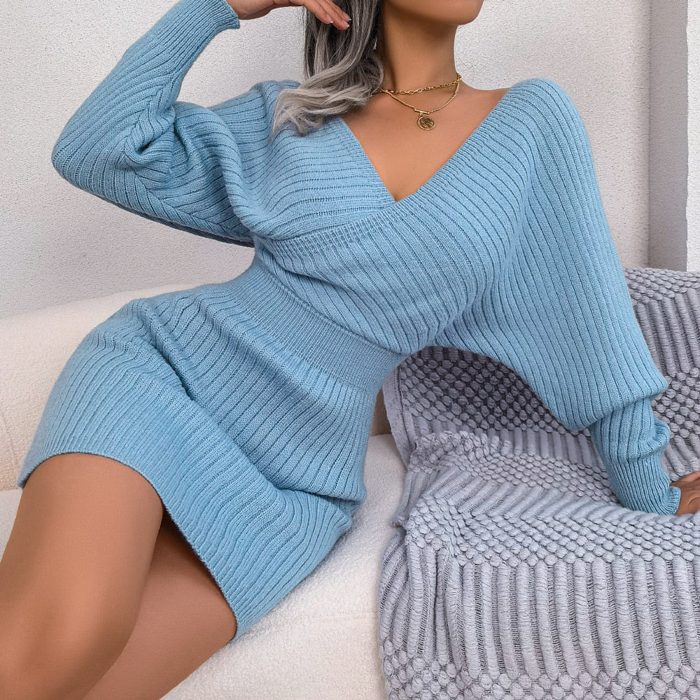 Tilly - Blue Batwing Sleeves Ribbed Sweater Dress