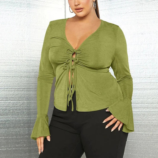 Zosia - Green Plus Size V-neck Open Front Top