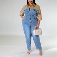 Svetlana - Plus Size Blue Denim Color Block Jumpsuit