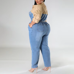 Svetlana - Plus Size Blue Denim Color Block Jumpsuit