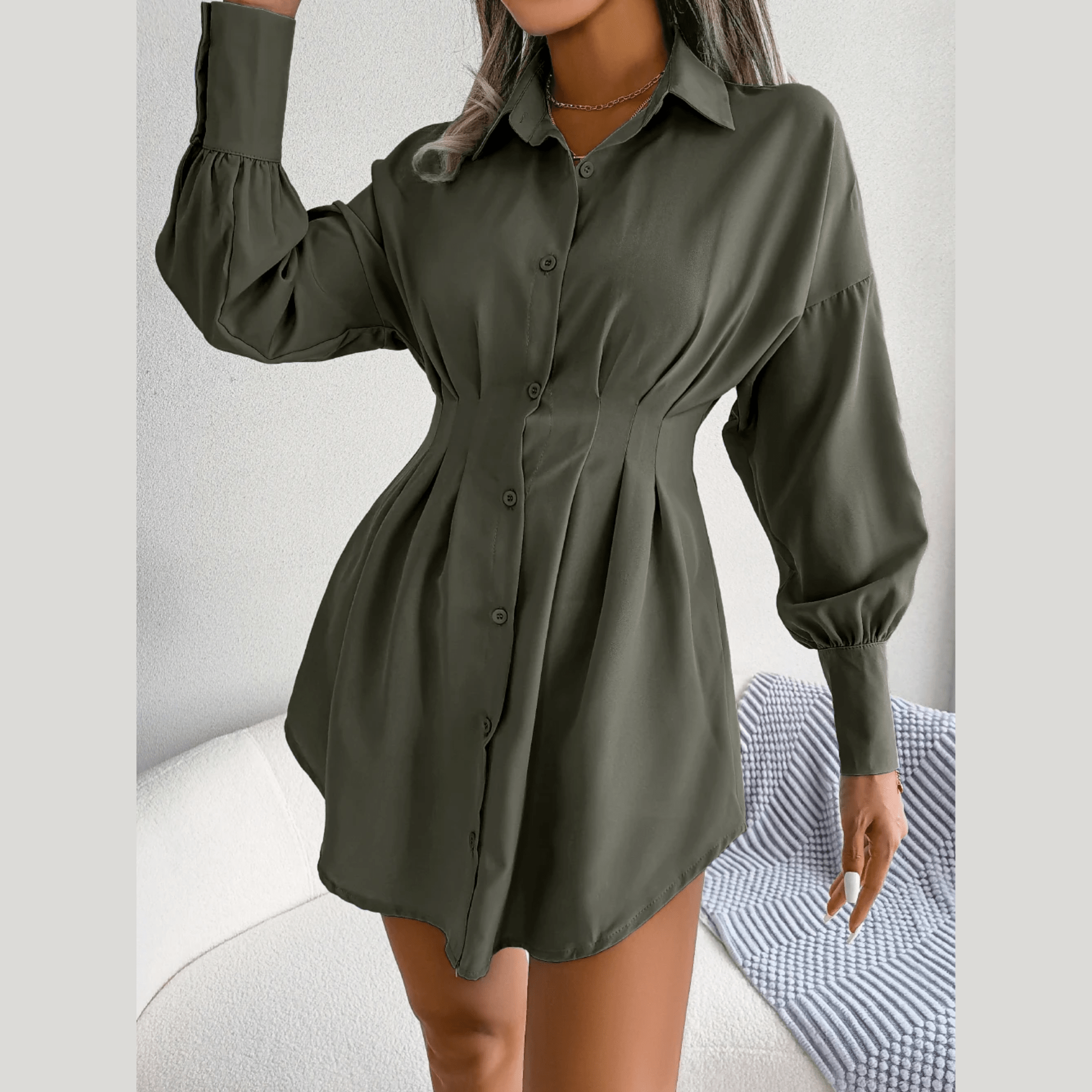 Adalee - Green Asymmetric Button - Up Shirt Dress - Model Mannequin