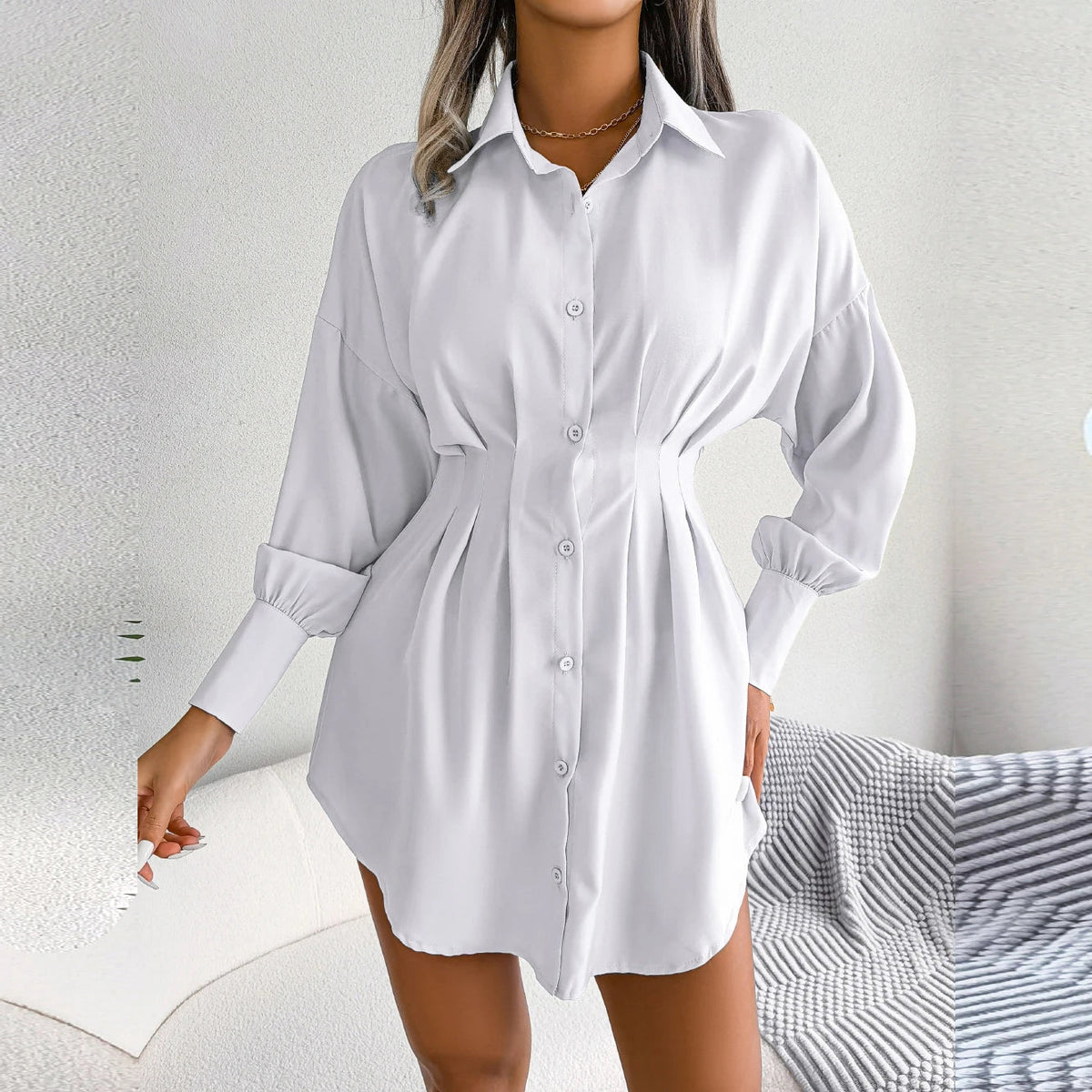 Adalee - White Asymmetric Button-Up Shirt Dress - White / S Adalee - White Asymmetric Button-Up Shirt Dress - White / S