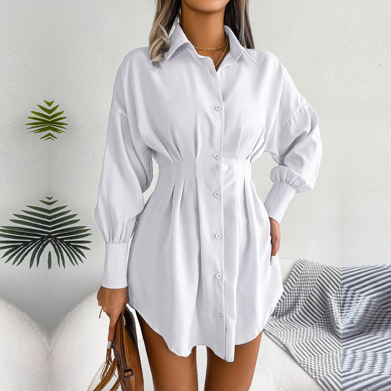 Adalee - White Asymmetric Button - Up Shirt Dress - Model Mannequin