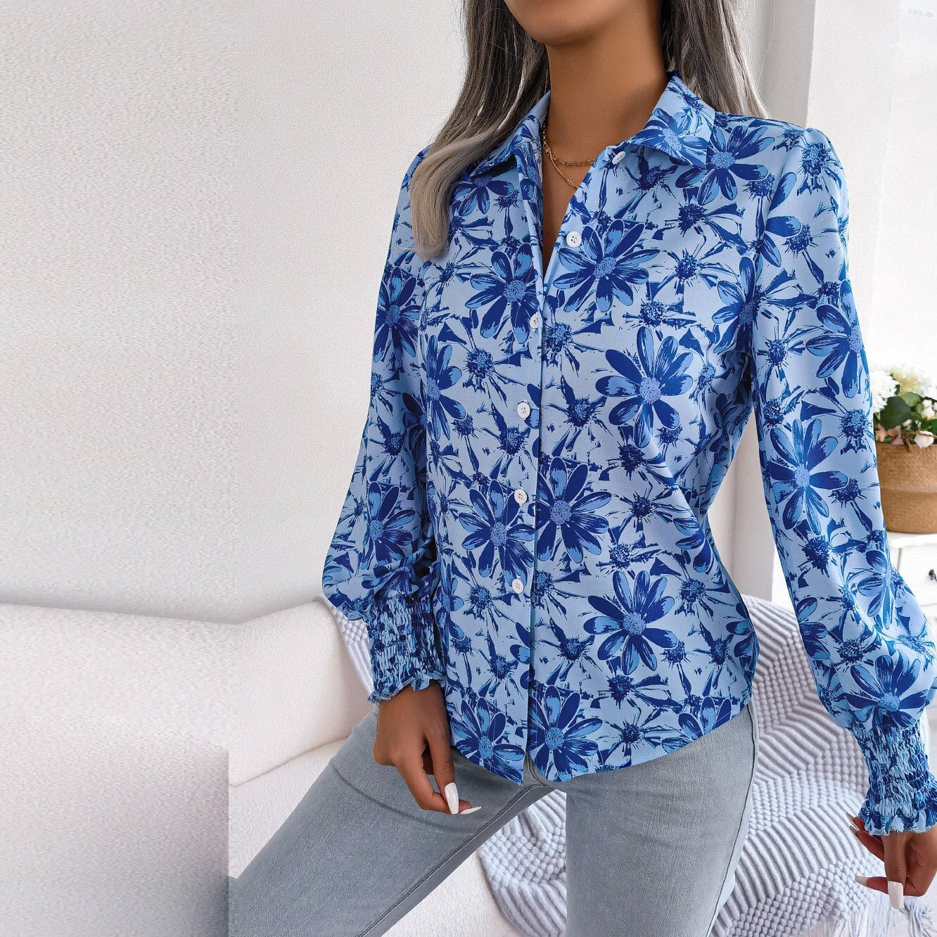 Aminah - Blue Floral Bishop Sleeve Blouse - Model Mannequin