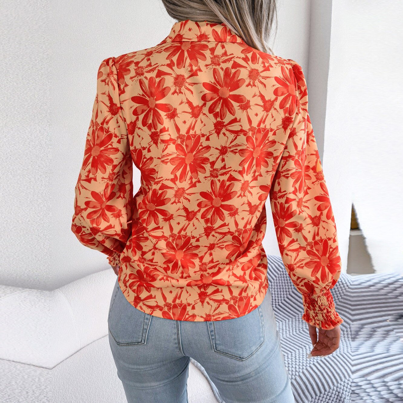 Aminah - Orange Floral Bishop Sleeve Blouse - Model Mannequin