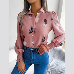 Brie - Pink Leaf Print Lantern Blouse