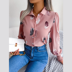 Brie - Pink Leaf Print Lantern Blouse