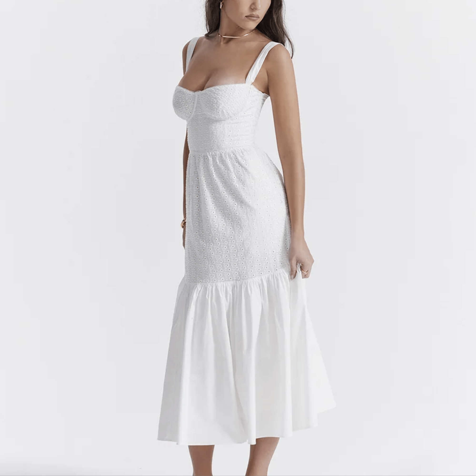 Amoura - White Midi Embroidery Summer Dress - Model Mannequin