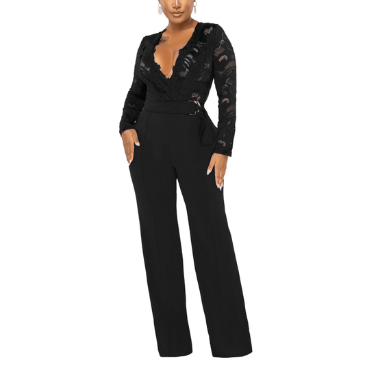 Analia - Black Floral Lace High Waist Jumpsuit - Model Mannequin