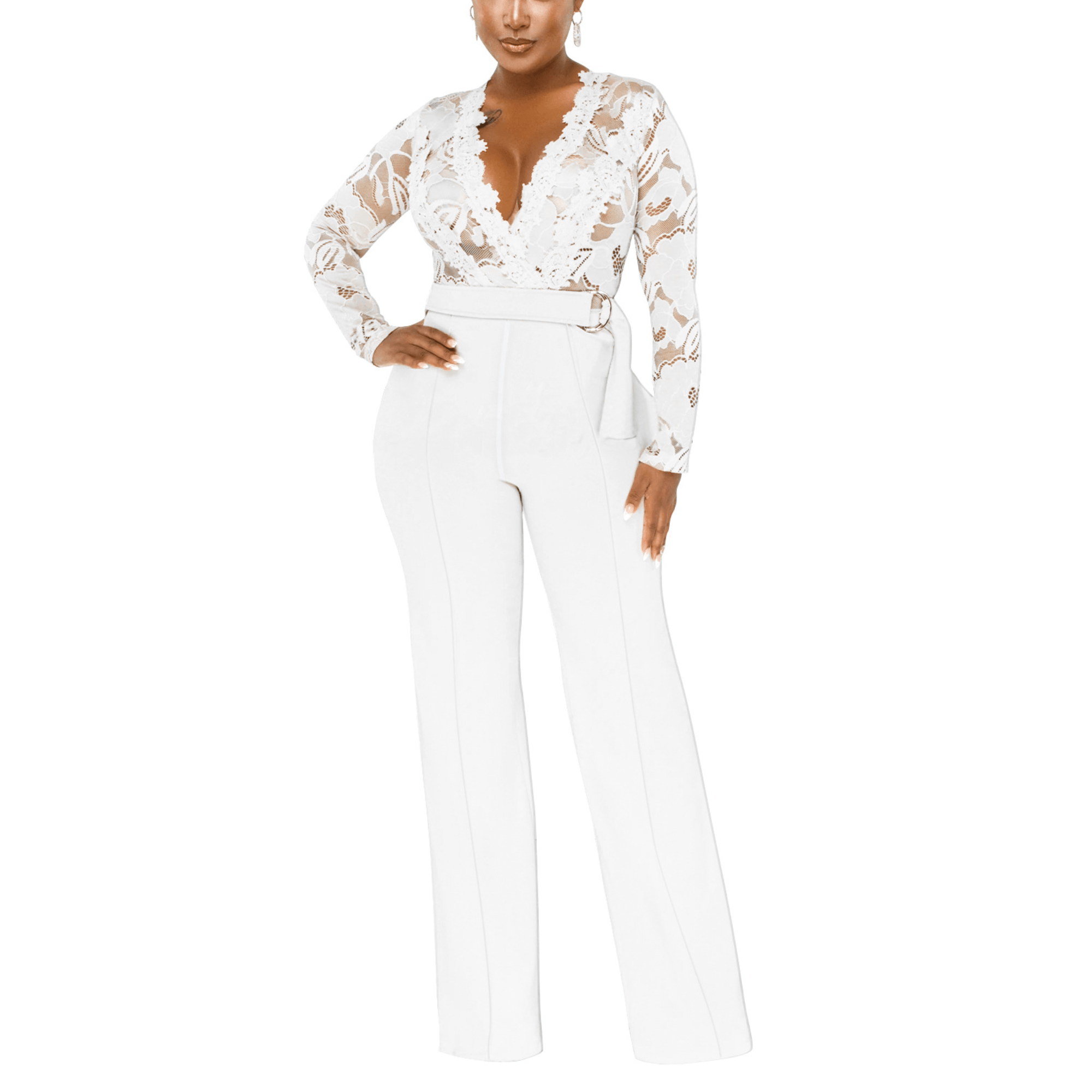 Analia - White Floral Lace High Waist Jumpsuit - Model Mannequin