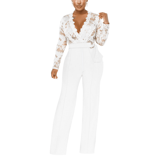 Analia - White Floral Lace High Waist Jumpsuit - Model Mannequin