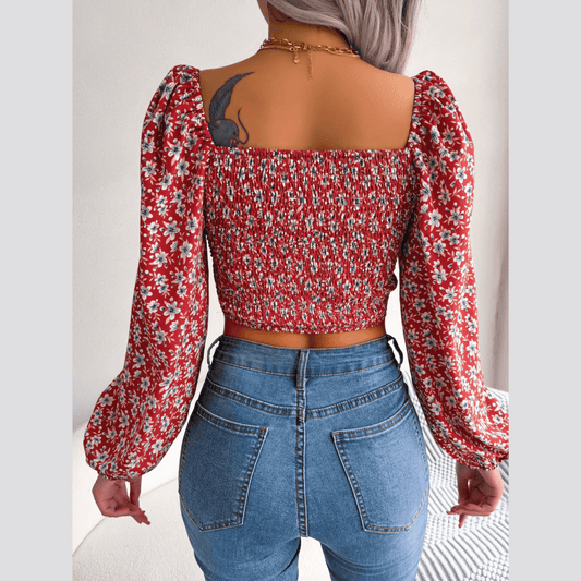 Anita - Red Floral Print Chiffon Crop Top - Model Mannequin