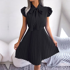 Asia - Black Pleated Ruffled Sleeve Mini Dress - Model Mannequin