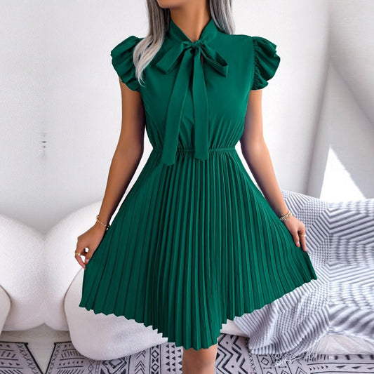 Asia - Green Pleated Ruffled Sleeve Mini Dress - Model Mannequin