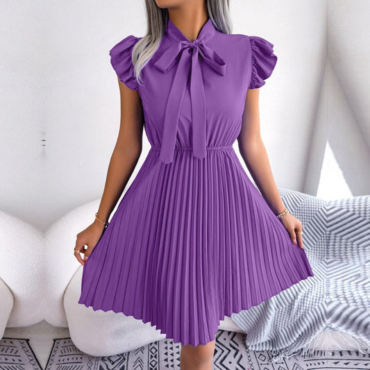 Asia - Purple Pleated Ruffled Sleeve Mini Dress - Model Mannequin