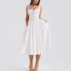 Auzaria - White Broderie Fit & Flare Lace Up Midi Dress - Model Mannequin