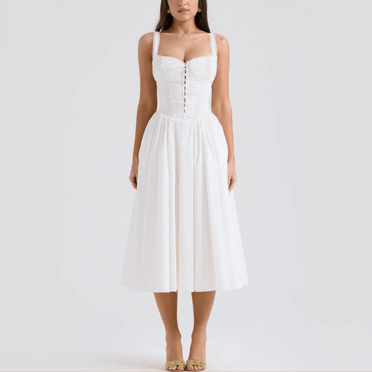 Auzaria - White Broderie Fit & Flare Lace Up Midi Dress - Model Mannequin