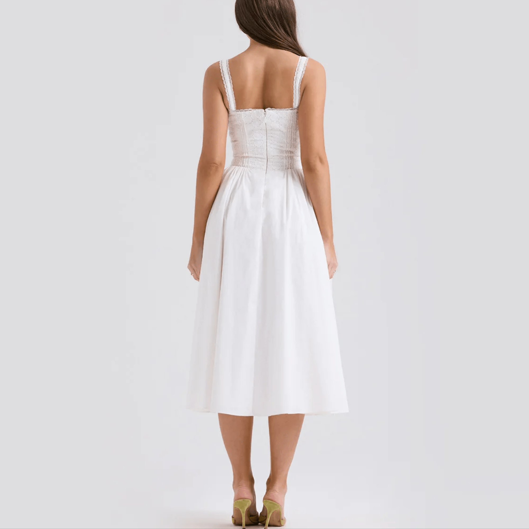 Auzaria - White Broderie Fit & Flare Lace Up Midi Dress - Model Mannequin